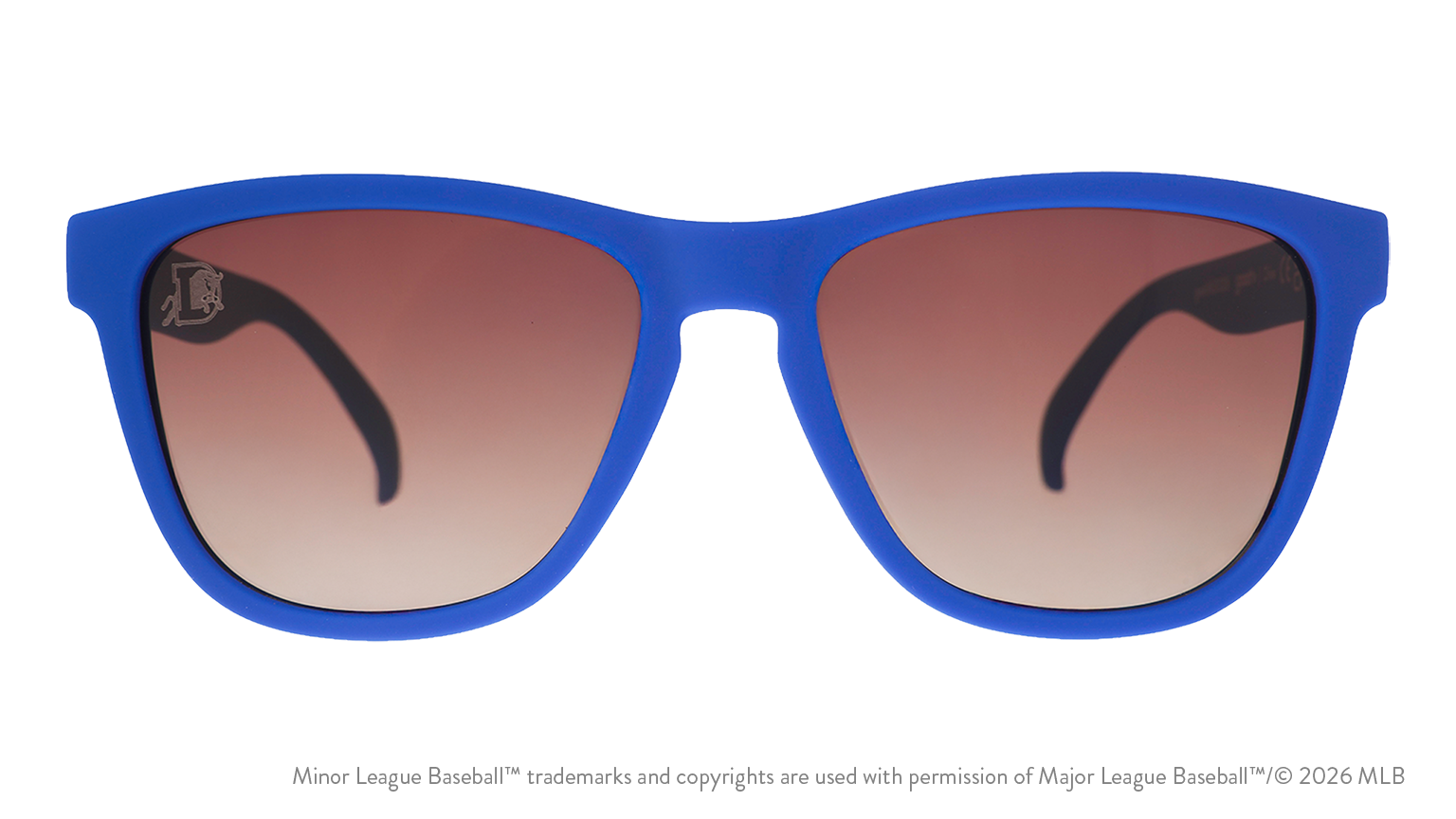 Front view of sunglasses. Blue front frame. Brown gradient lenses. Durham Bulls logo etching in top corner of lens.