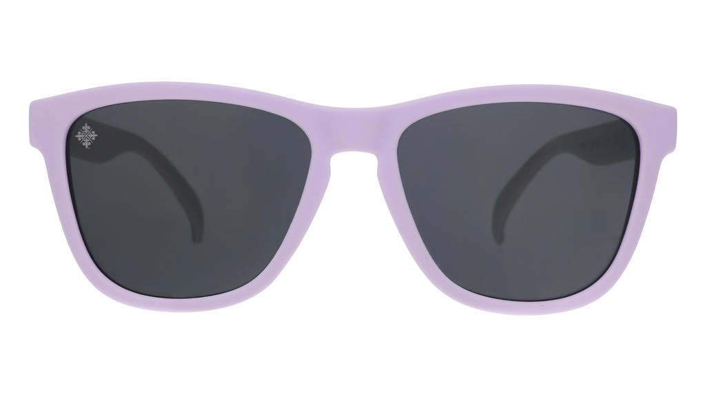 Front view of lavender and mint sunglasses with black lenses and the Racing Louisville logo etched into the right lens.