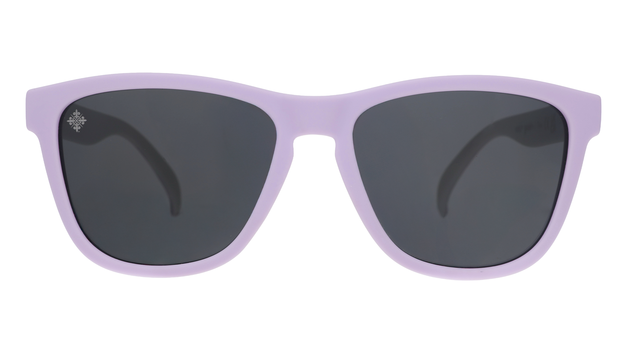 Front view of lavender and mint sunglasses with black lenses and the Racing Louisville logo etched into the right lens.