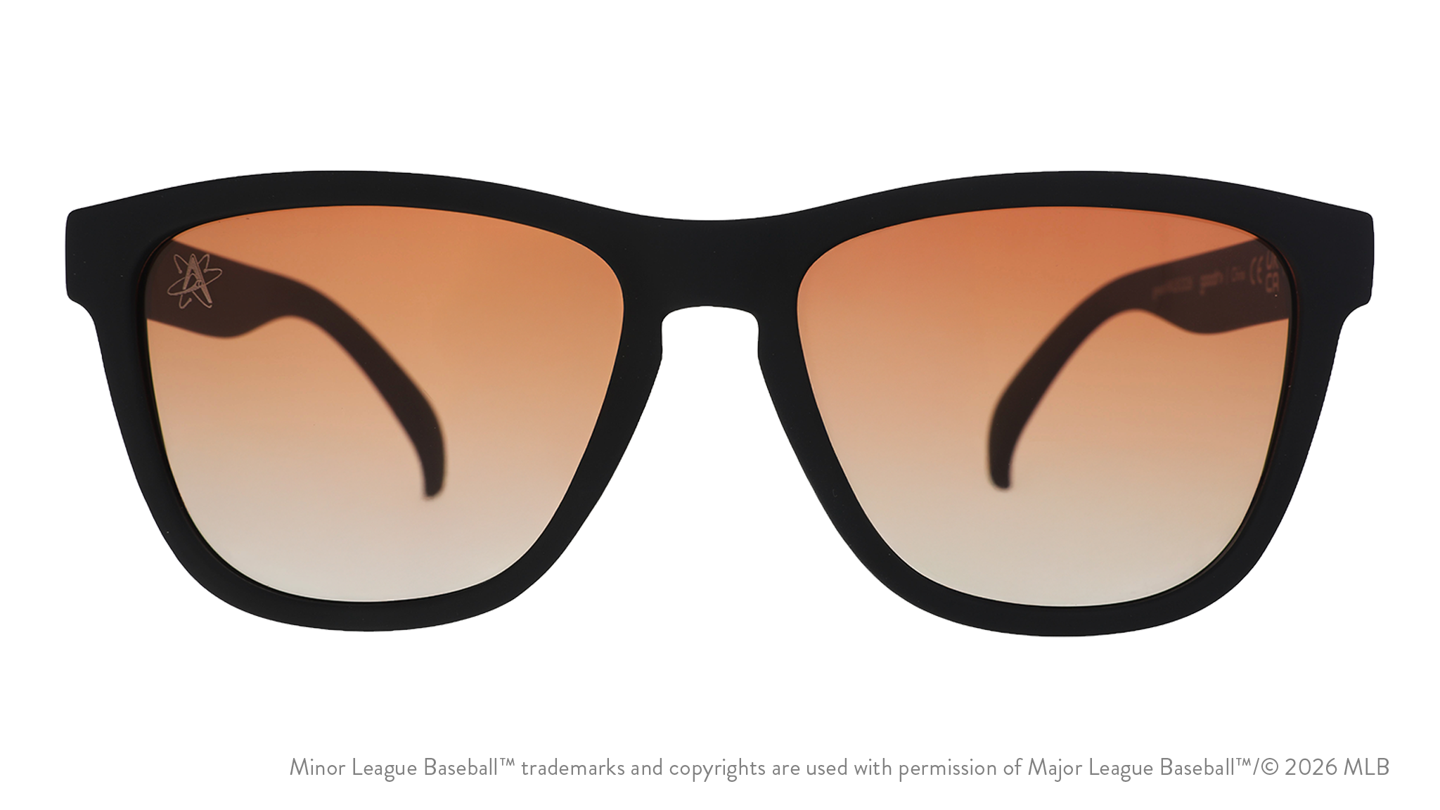 Front view of sunglasses. Black front frame. Amber reflective lenses. Isotopes logo etching in top corner of lens.
