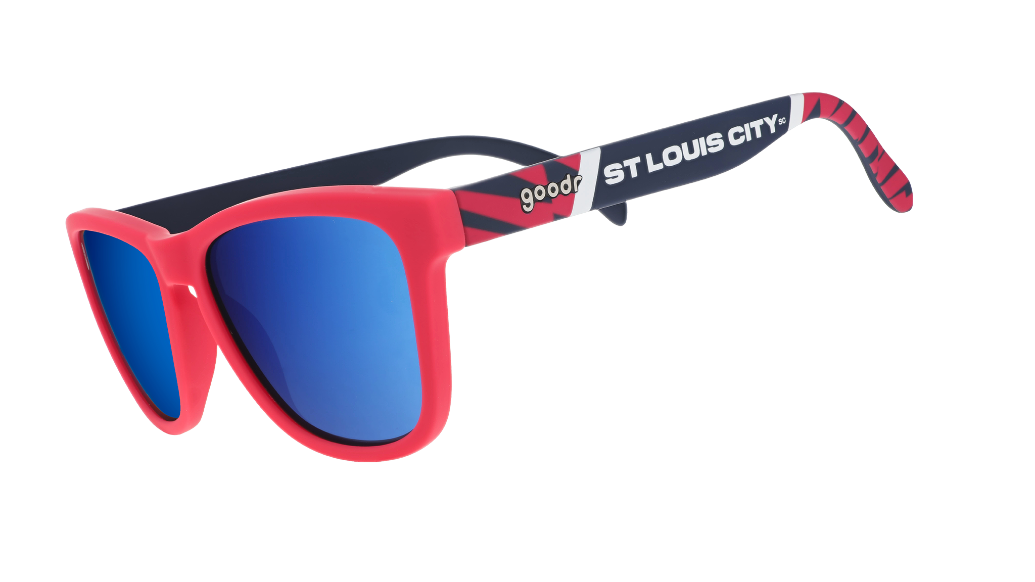 Three-quarter angle view of MLS St. Louis CITY SC shades tilted down. Red+black frames. Blue reflective lenses.