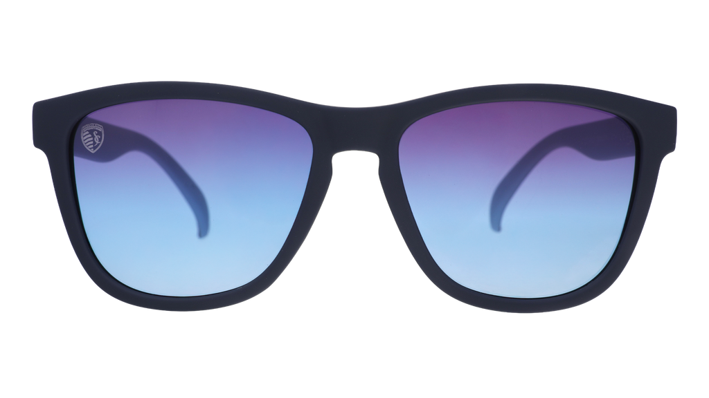 Front view of Major League Soccer Sporting KC shades. Navy front frame. Dark blue gradient lenses.