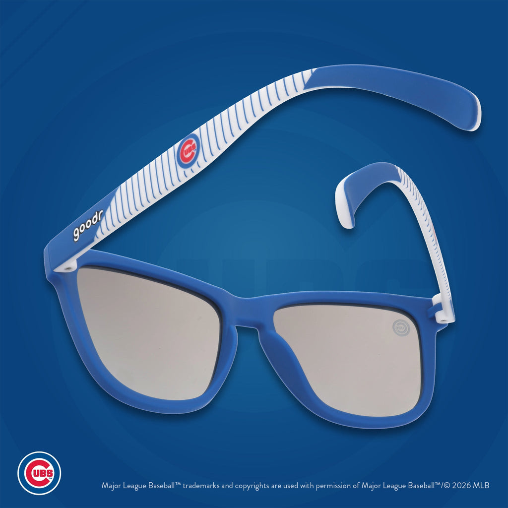 Blue and white Cubs shades floating against a blue background featuring the team's Wishbone C logo.