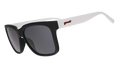 Side view of black square sunglasses with black lenses, black frames, and white arms.