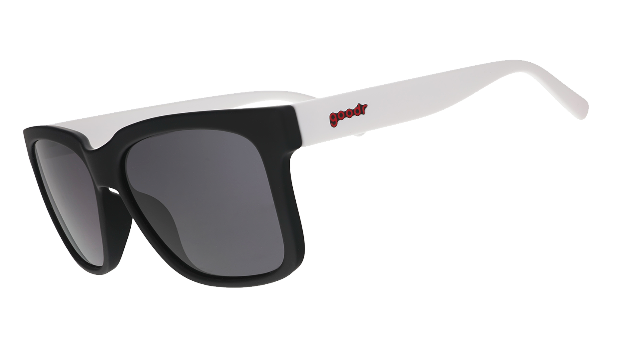 Side view of black square sunglasses with black lenses, black frames, and white arms.