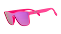 Three-quarter angle view of futuristic hot pink sunglasses with a flat purple single lens.