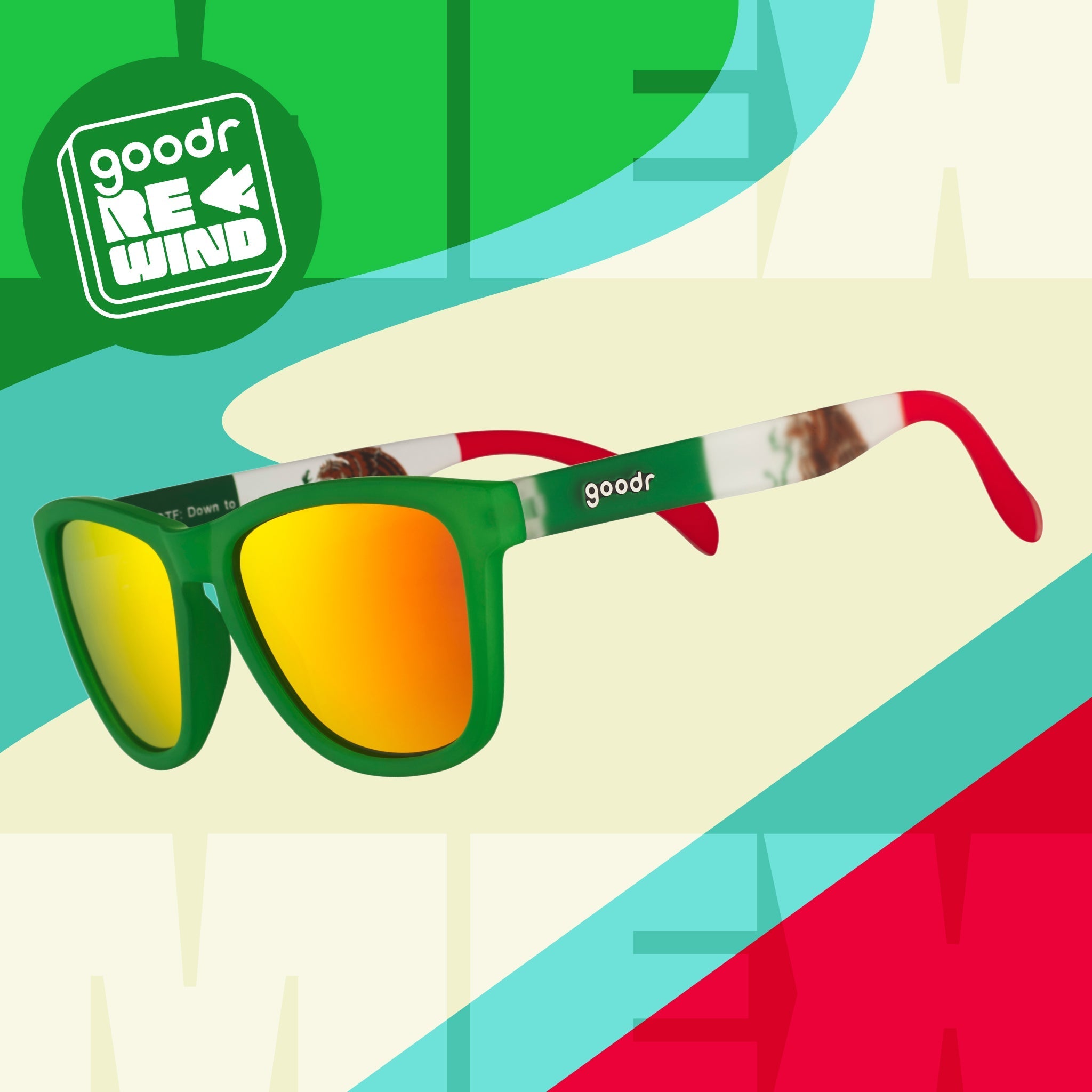 Close-up view of sunglasses temples stylized with a Mexican flag pattern.
