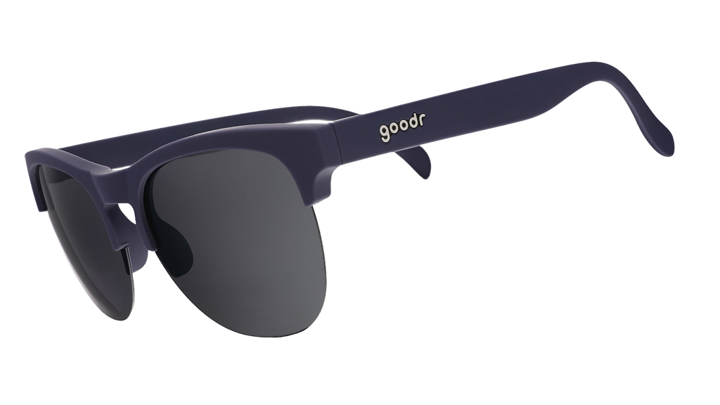 Three-quarter angle view of matte navy half-rim sunglasses with chrome reflective lenses.