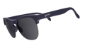 Three-quarter angle view of matte navy half-rim sunglasses with chrome reflective lenses.