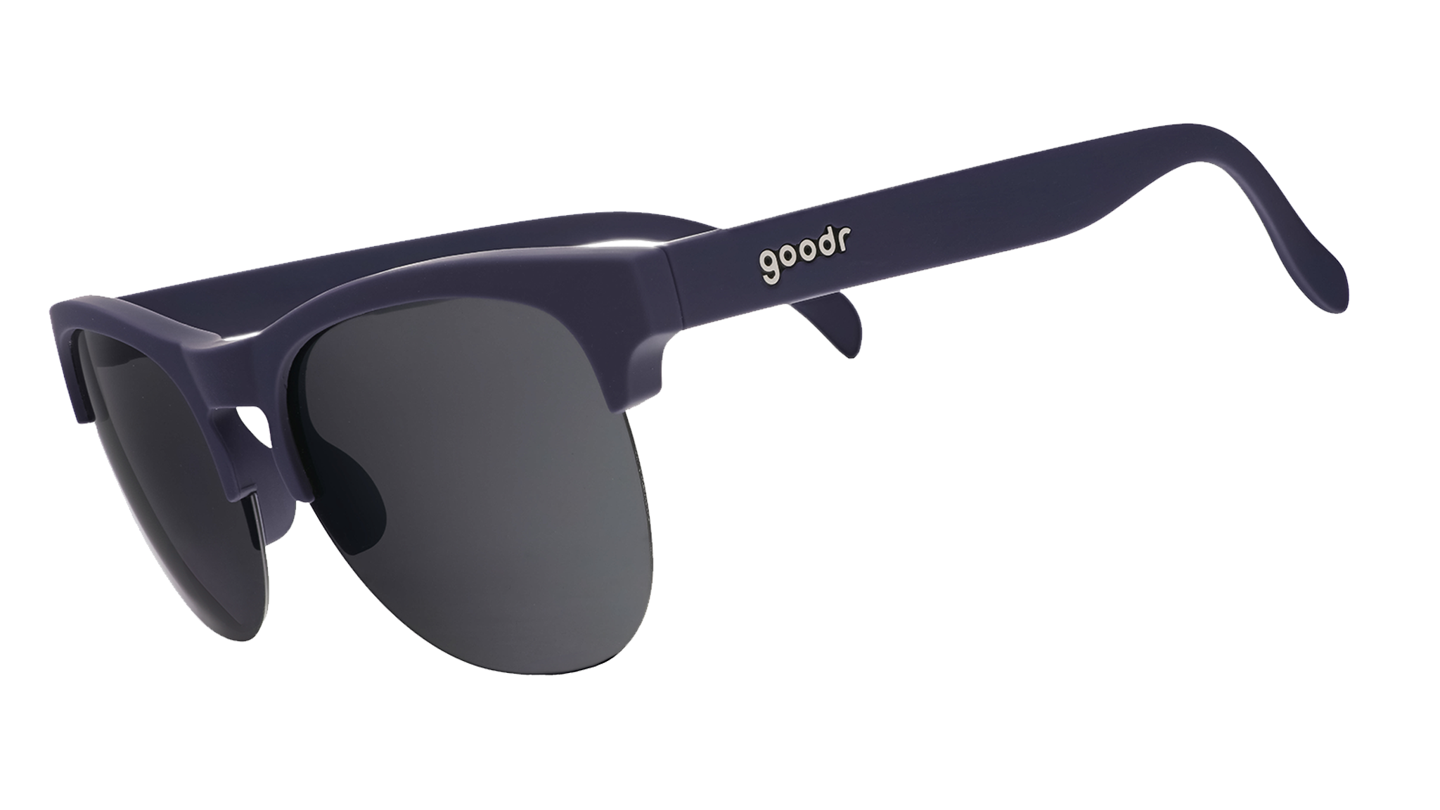 Three-quarter angle view of matte navy half-rim sunglasses with chrome reflective lenses.