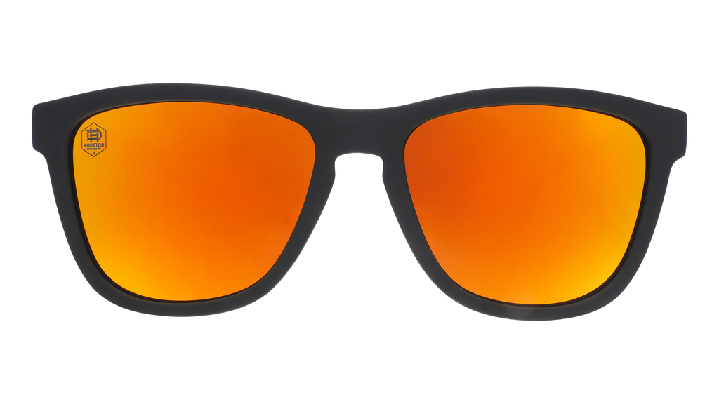 Front view of Major League Soccer Houston Dynamo FC shades. Black front frame. Amber reflective lenses.