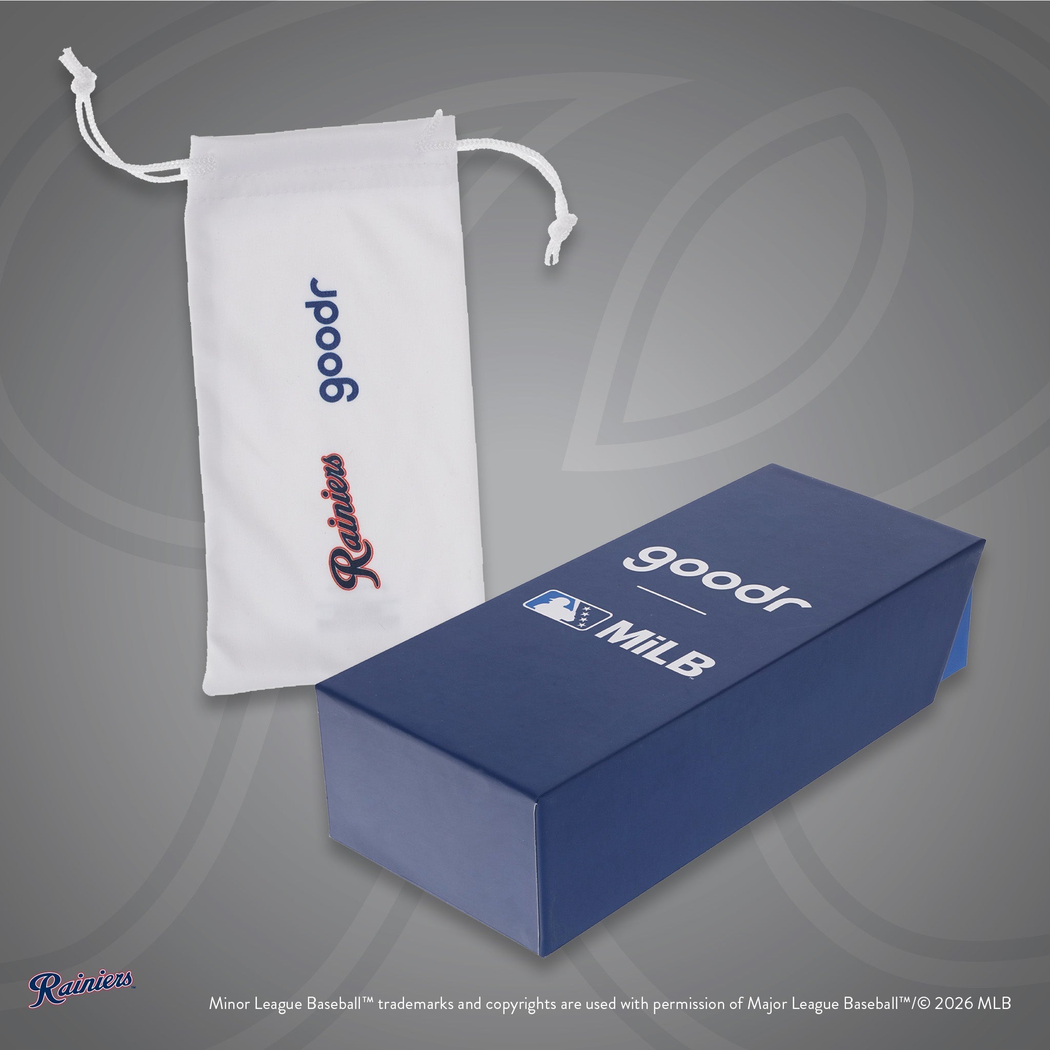 Front view of custom Minor League Baseball-themed packaging with a patterned microfiber bag and box.
