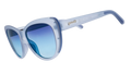 Three-quarter angle view of dusty blue translucent Glam Gs with blue gradient lenses.