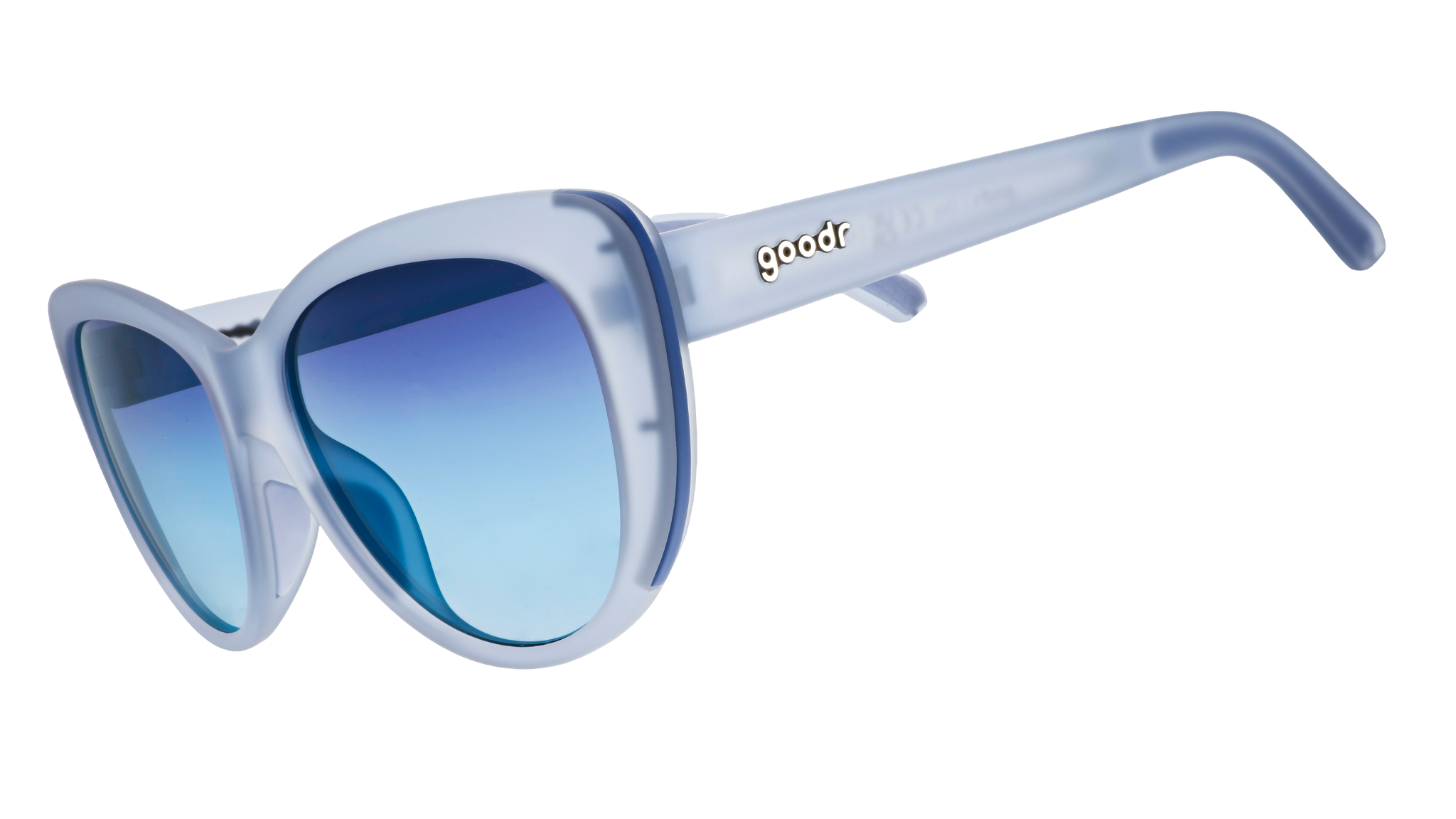 Three-quarter angle view of dusty blue translucent Glam Gs with blue gradient lenses.