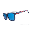 Three-quarter angle view of sunglasses. Solid blue frames w/ a red + white Roadrunners pattern + blue reflective lenses.
