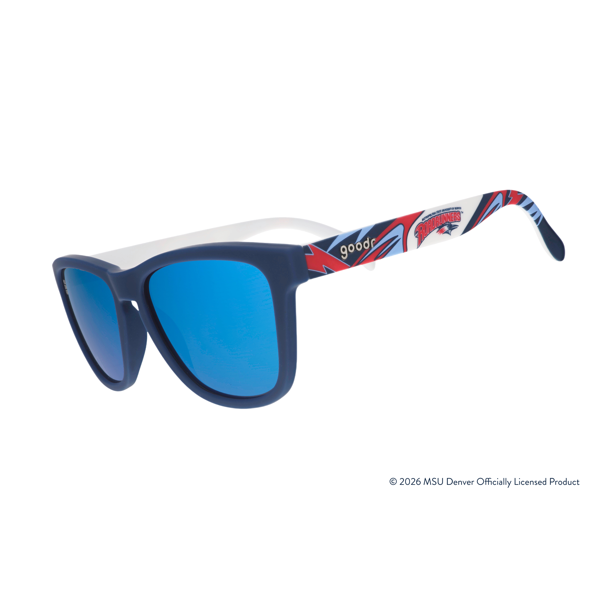 Three-quarter angle view of sunglasses. Solid blue frames w/ a red + white Roadrunners pattern + blue reflective lenses.