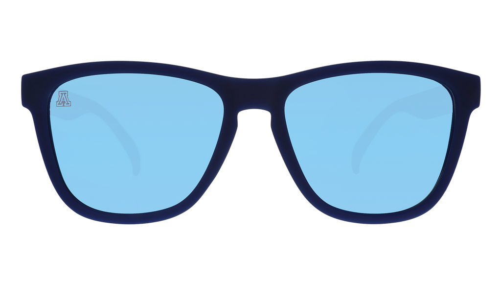 Front view of dark blue and red sunglasses with blue lenses.