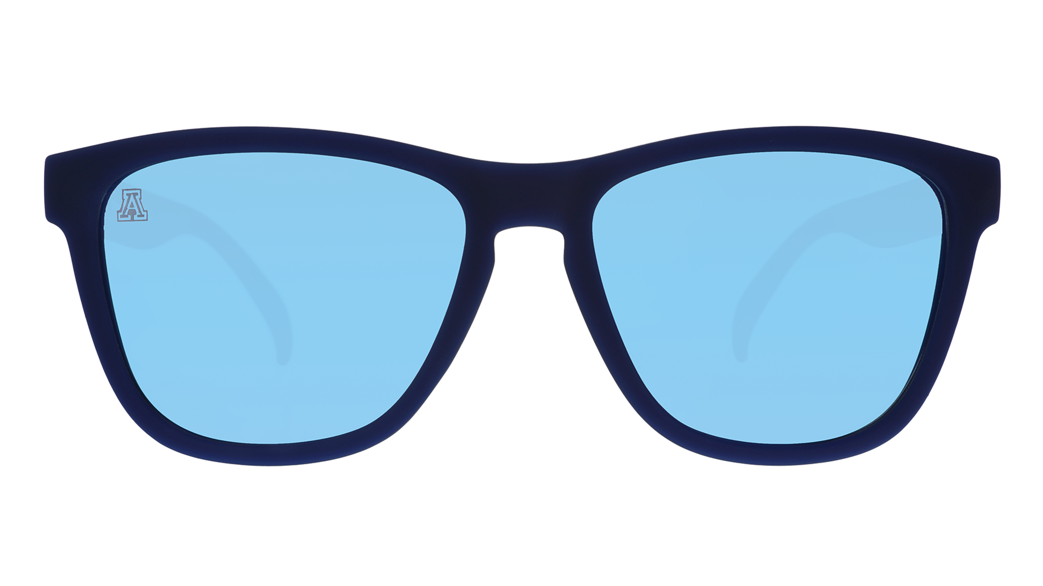 Front view of dark blue and red sunglasses with blue lenses.