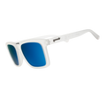 Three-quarter angle view of translucent clear shades w/ a square silhouette & light blue reflective lenses tilted down.
