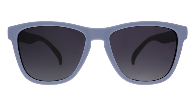 A pair of square sunglasses with lavender frames and lenses.