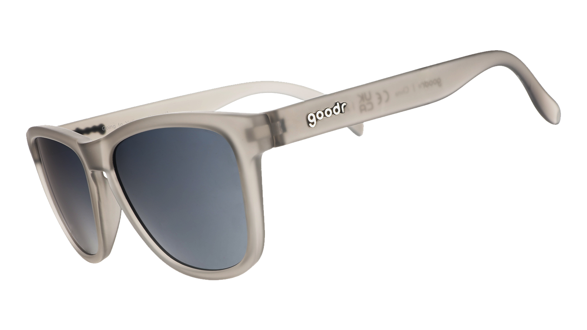 A pair of grey, square shaped sunglasses on a white background.