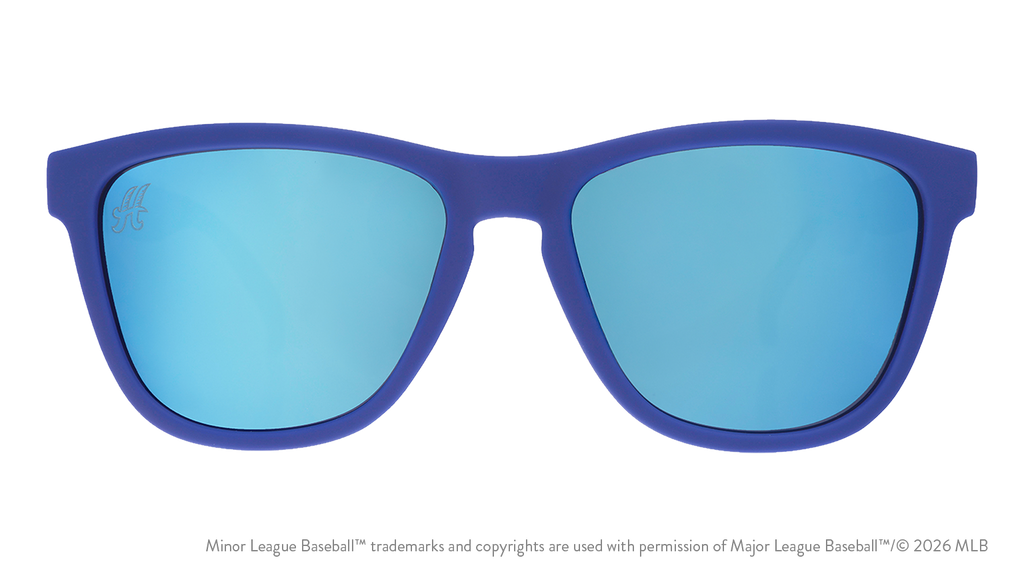 Front view of sunglasses. Blue front frame. Teal reflective lenses. Yard Goats logo etching in top corner of lens.