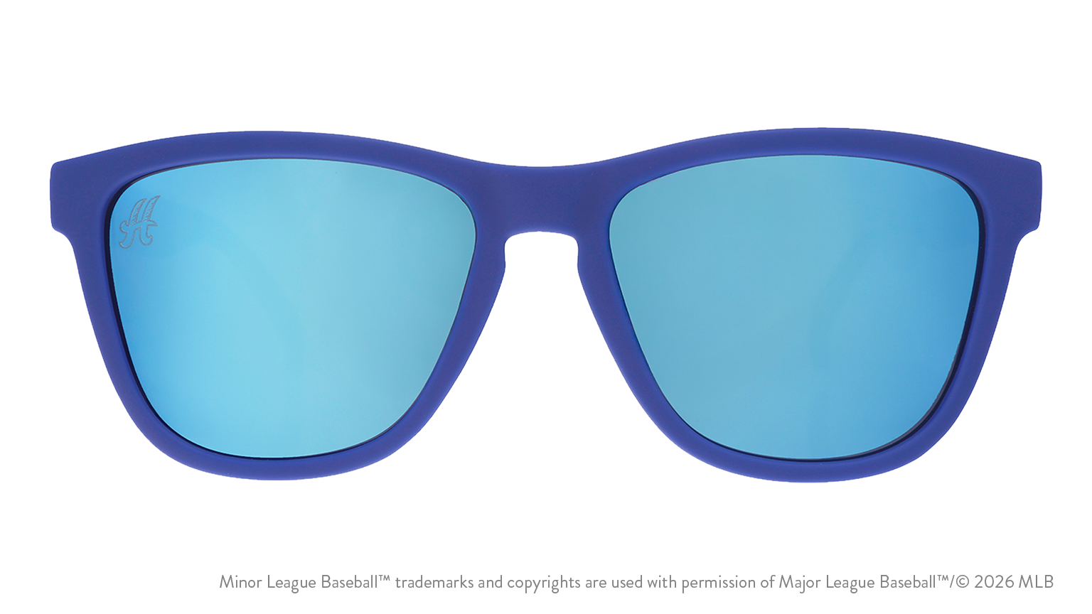 Front view of sunglasses. Blue front frame. Teal reflective lenses. Yard Goats logo etching in top corner of lens.