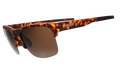 Three-quarter angle view of half-rim brown tortoiseshell sunglasses with brown non-reflective lenses and brown silicone grips on the inner arms.