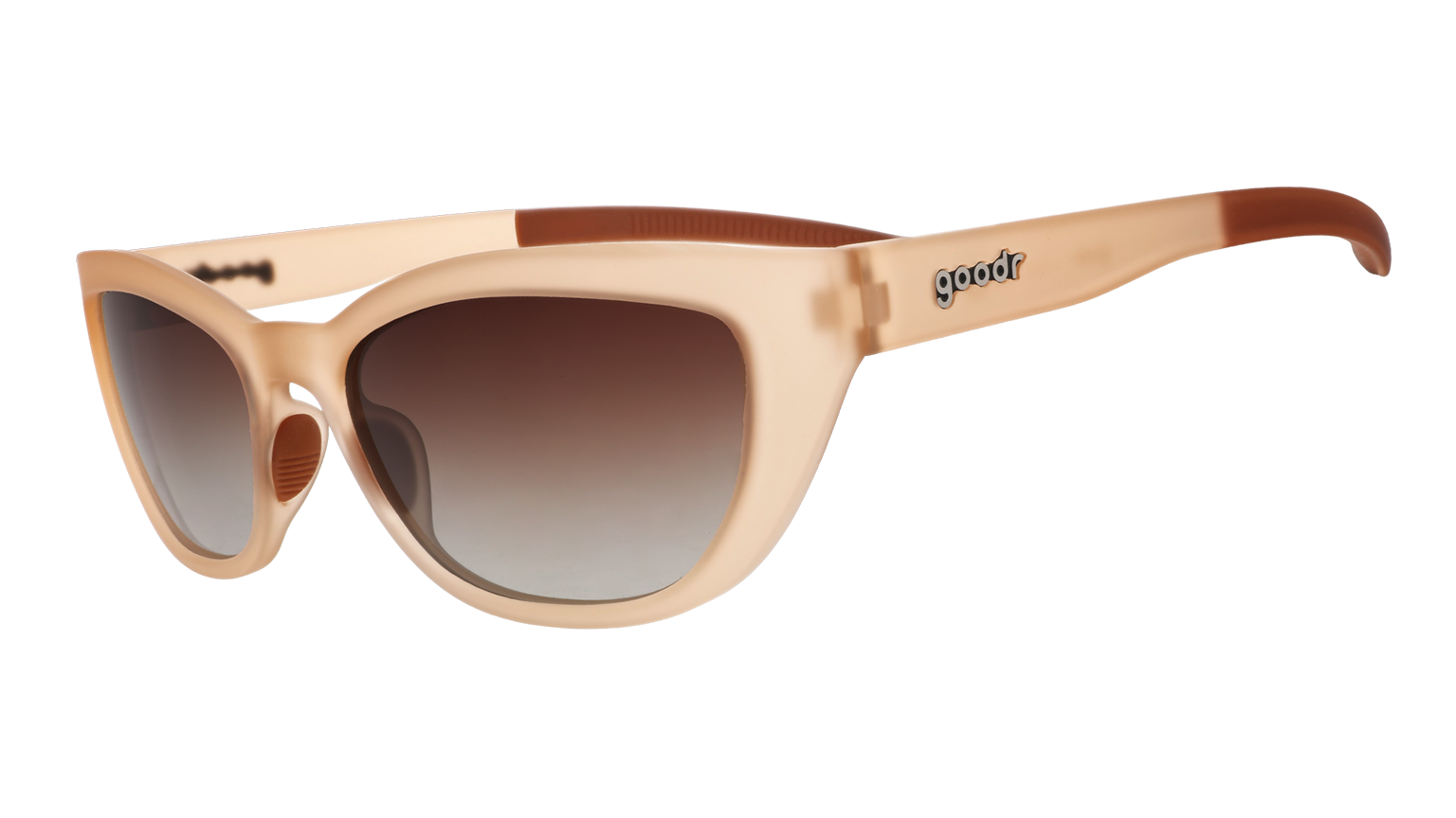 Three-quarter angle view of a pair of translucent brown cat-eye Cheetah Gs with brown gradient lenses.