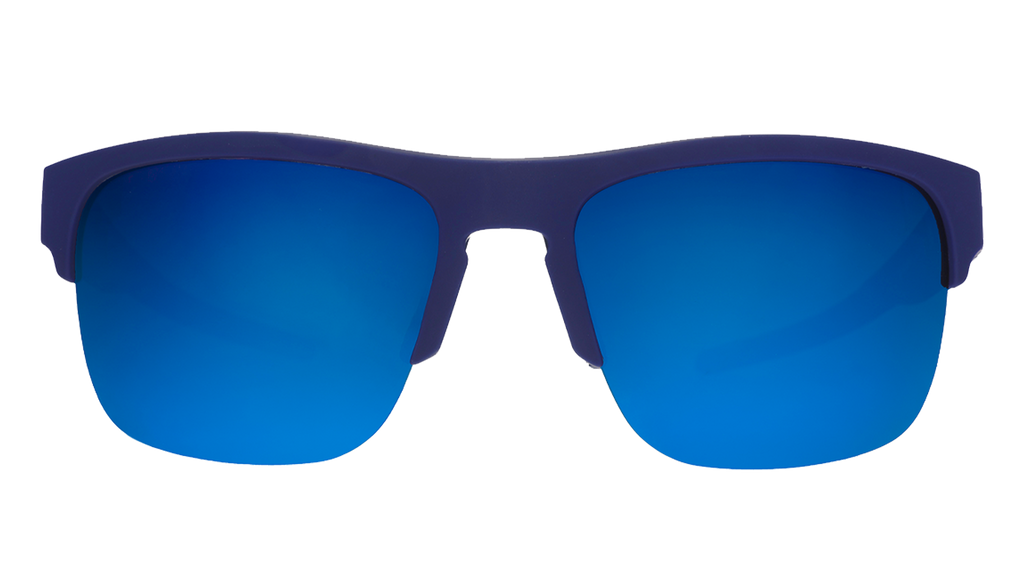 Front view of sunglasses. Navy blue front half-rim frame with blue gradient lenses on a white background.