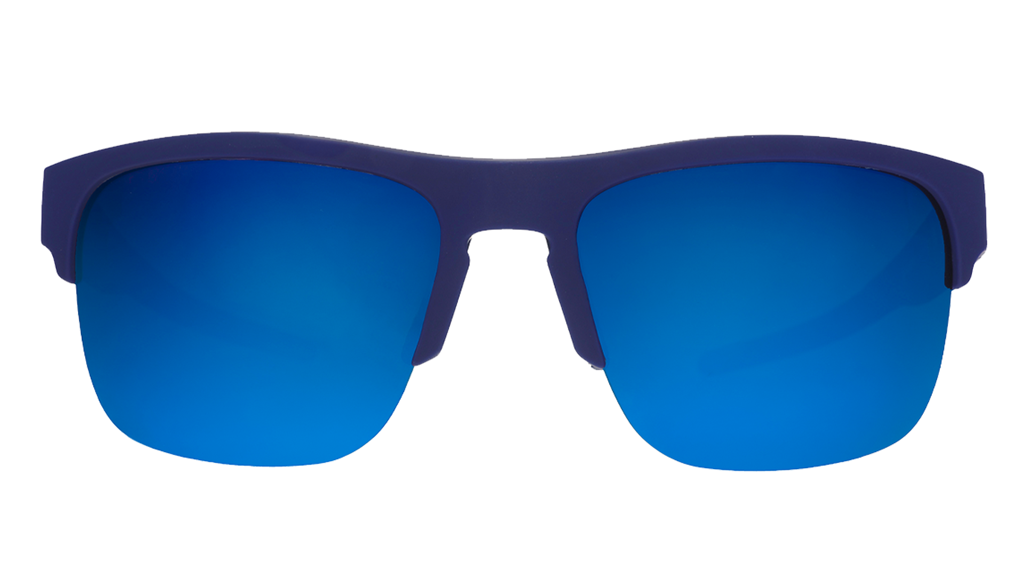 Front view of sunglasses. Navy blue front half-rim frame with blue gradient lenses on a white background.