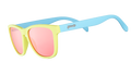 Three-quarter angle view of pastel blue and yellow sunglasses with square-shaped rose-tinted lenses.