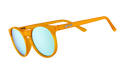 Three-quarter angle view of round orange sunglasses with light blue reflective polarized lenses.