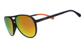Three-quarter angle view of black aviator sunglasses with amber lenses.