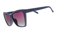Three-quarter angle view of dark purple angular sunglasses with purple gradient lenses.
