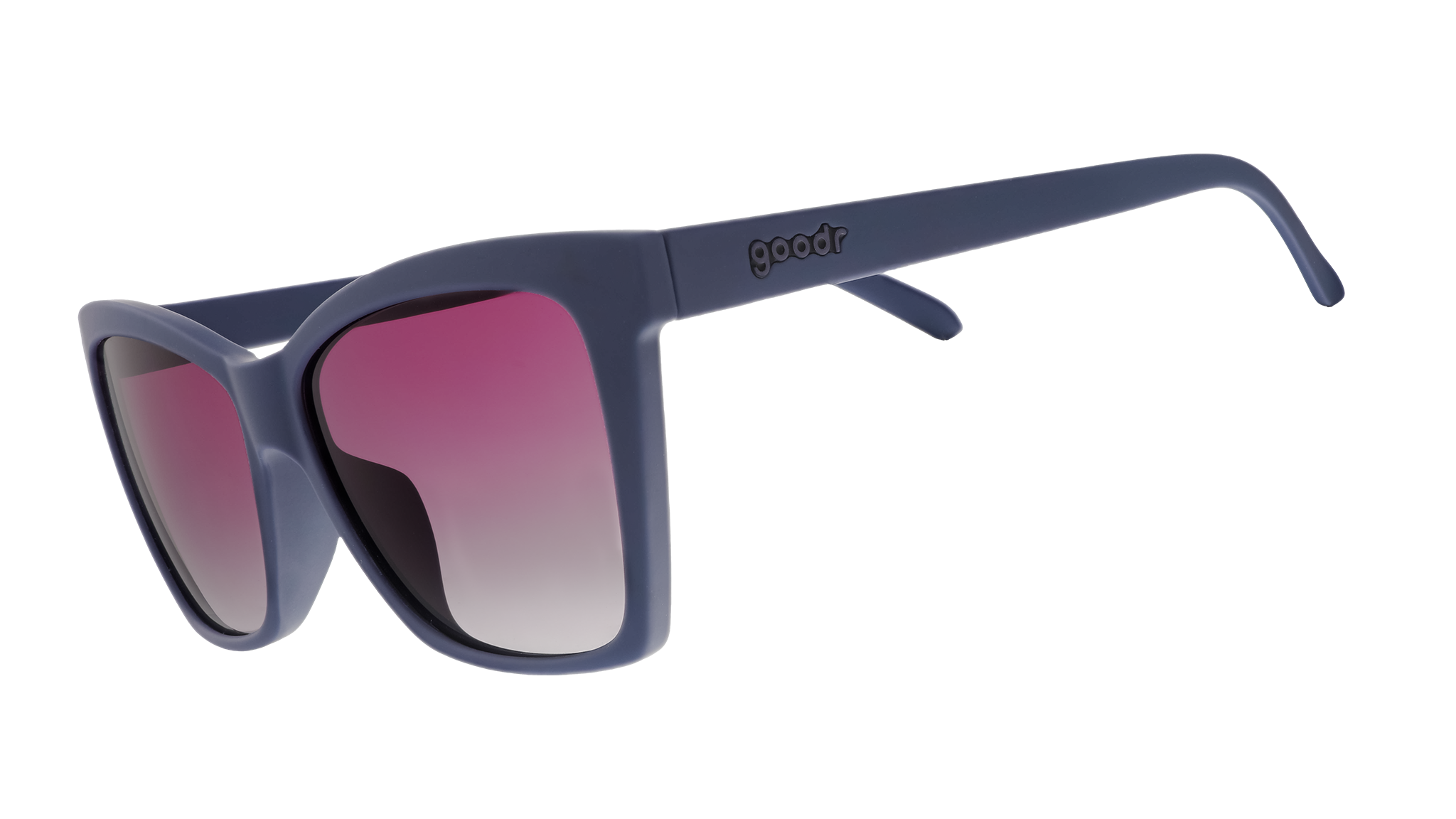 Three-quarter angle view of dark purple angular sunglasses with purple gradient lenses.