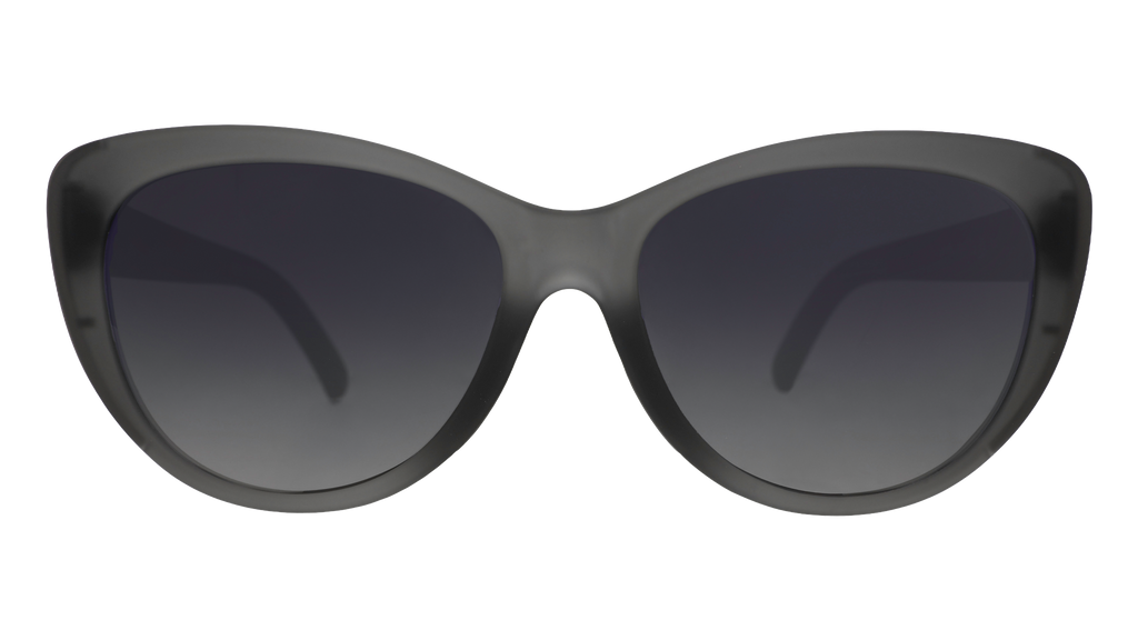 Front view of translucent gray cat-eye sunglasses with black gradient lenses.