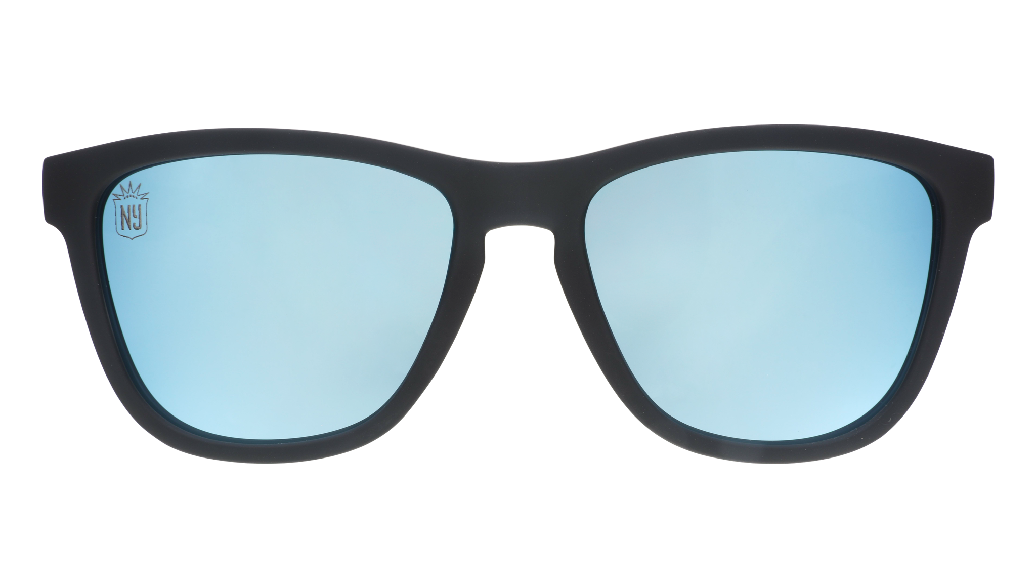 Black sunglasses with blue lenses on a white background