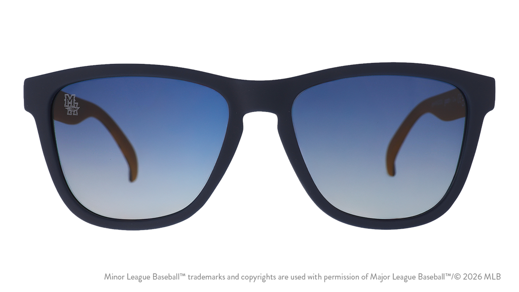 Front view of sunglasses. Blue front frame. Blue gradient lenses. Mud Hens logo etching in top corner of lens.