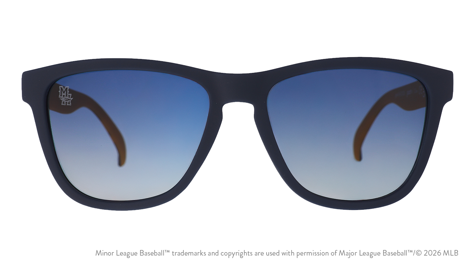 Front view of sunglasses. Blue front frame. Blue gradient lenses. Mud Hens logo etching in top corner of lens.