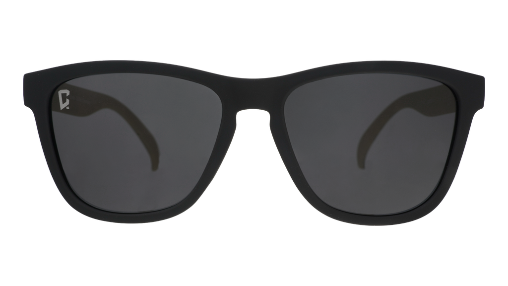 Front view of Major League Soccer Columbus Crew shades. Black front frame. Black non-reflective lenses.