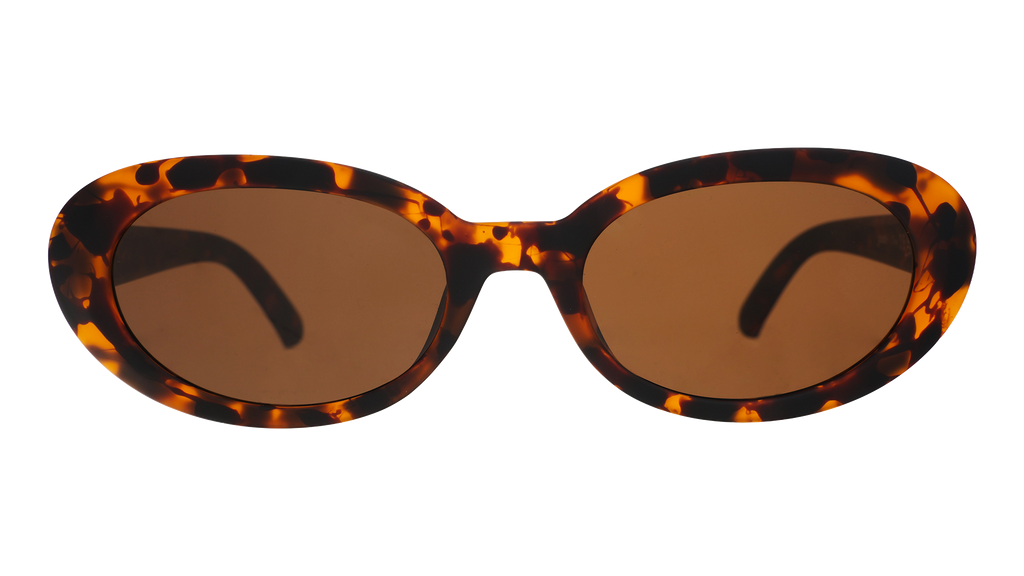 Front view of oval tortoiseshell sunglasses with brown polarized lenses against a white background.