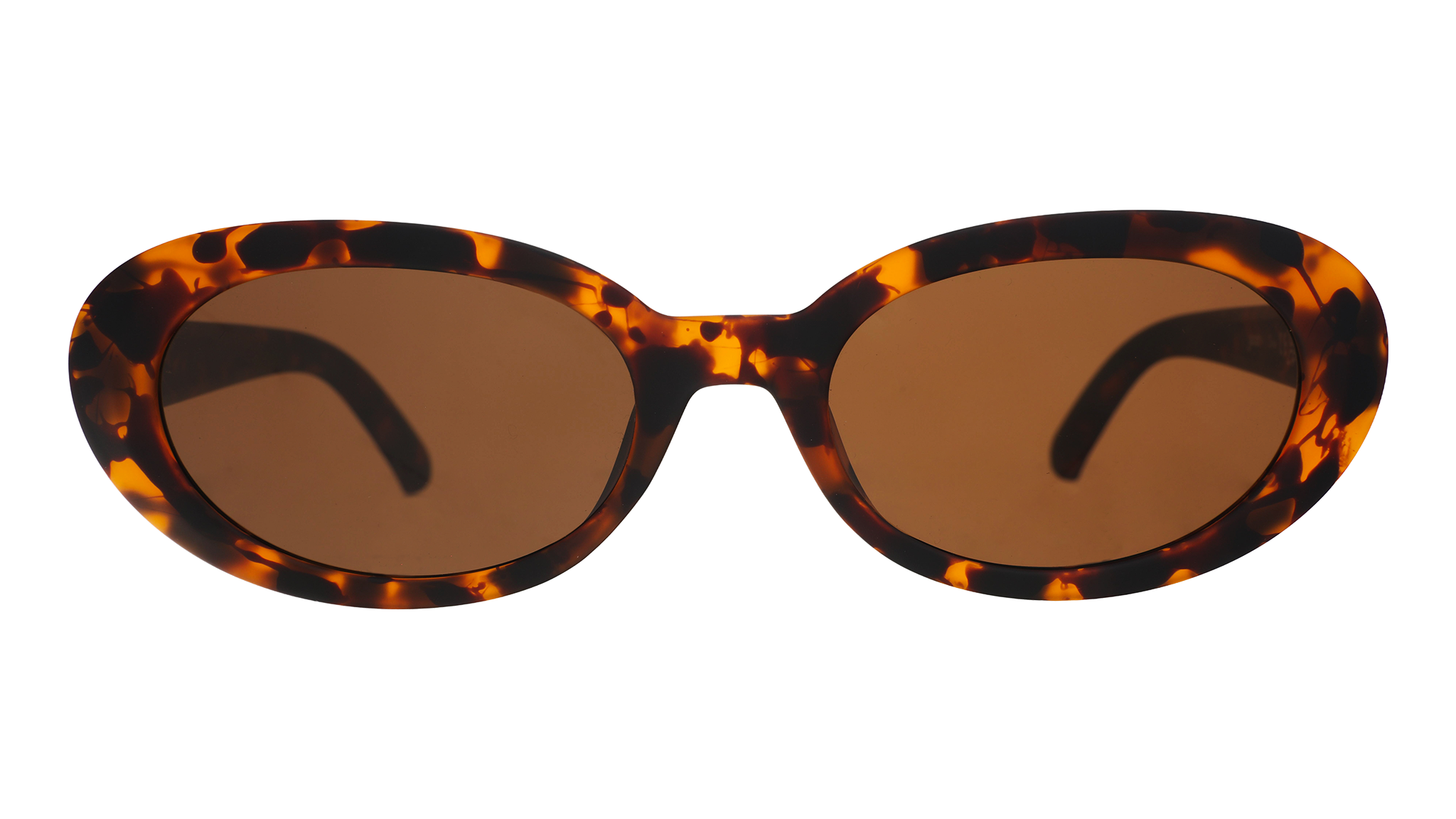 Front view of oval tortoiseshell sunglasses with brown polarized lenses against a white background.