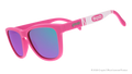 Three-quarter angle view of magenta shades w/ white Crayola marker pattern+purple pink reflective lenses tilted down.