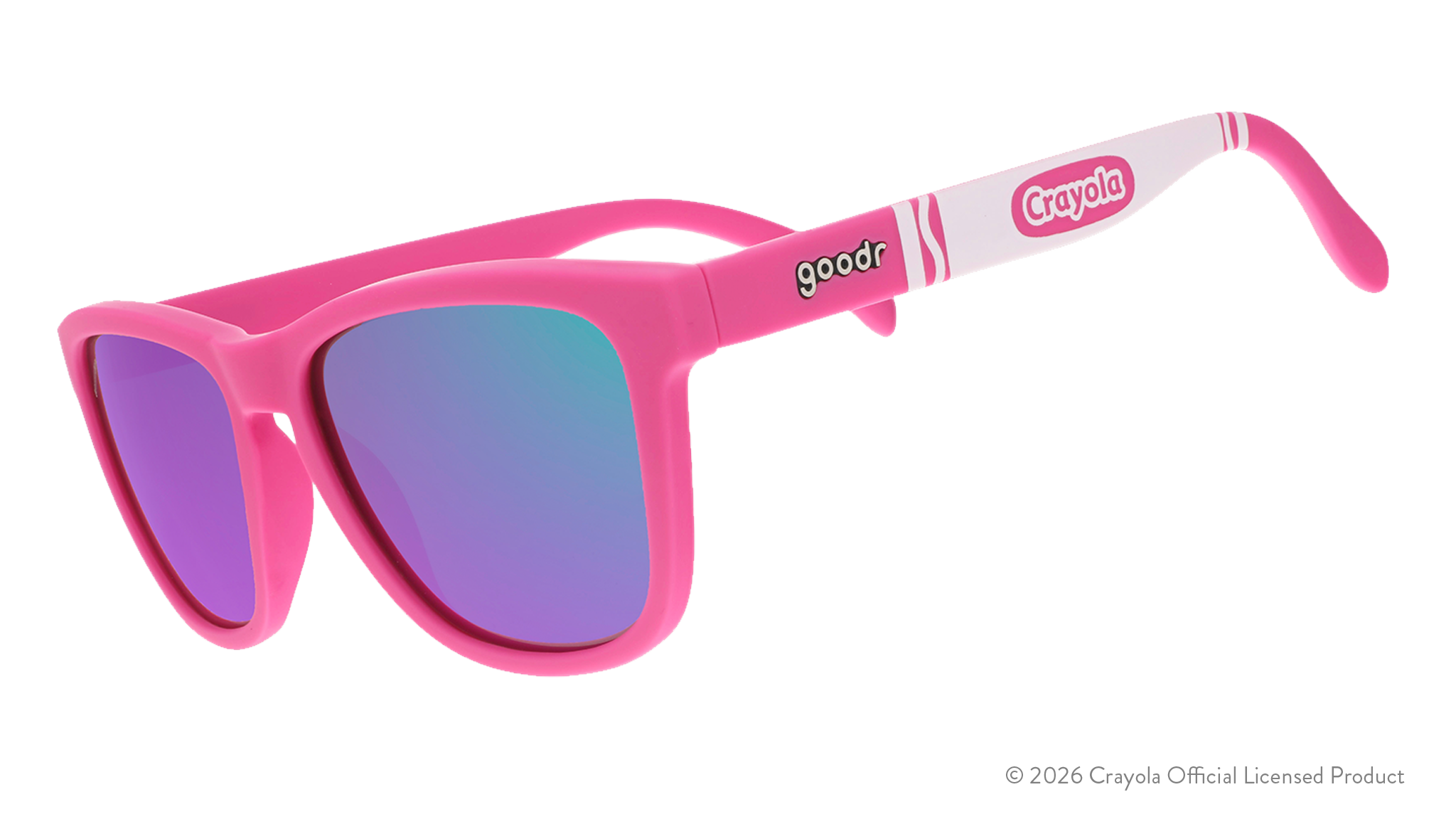 Three-quarter angle view of magenta shades w/ white Crayola marker pattern+purple pink reflective lenses tilted down.