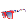 Three-quarter angle view of red sunglasses with multi-colored arms depicting maritime signal flags, and blue gradient lenses.