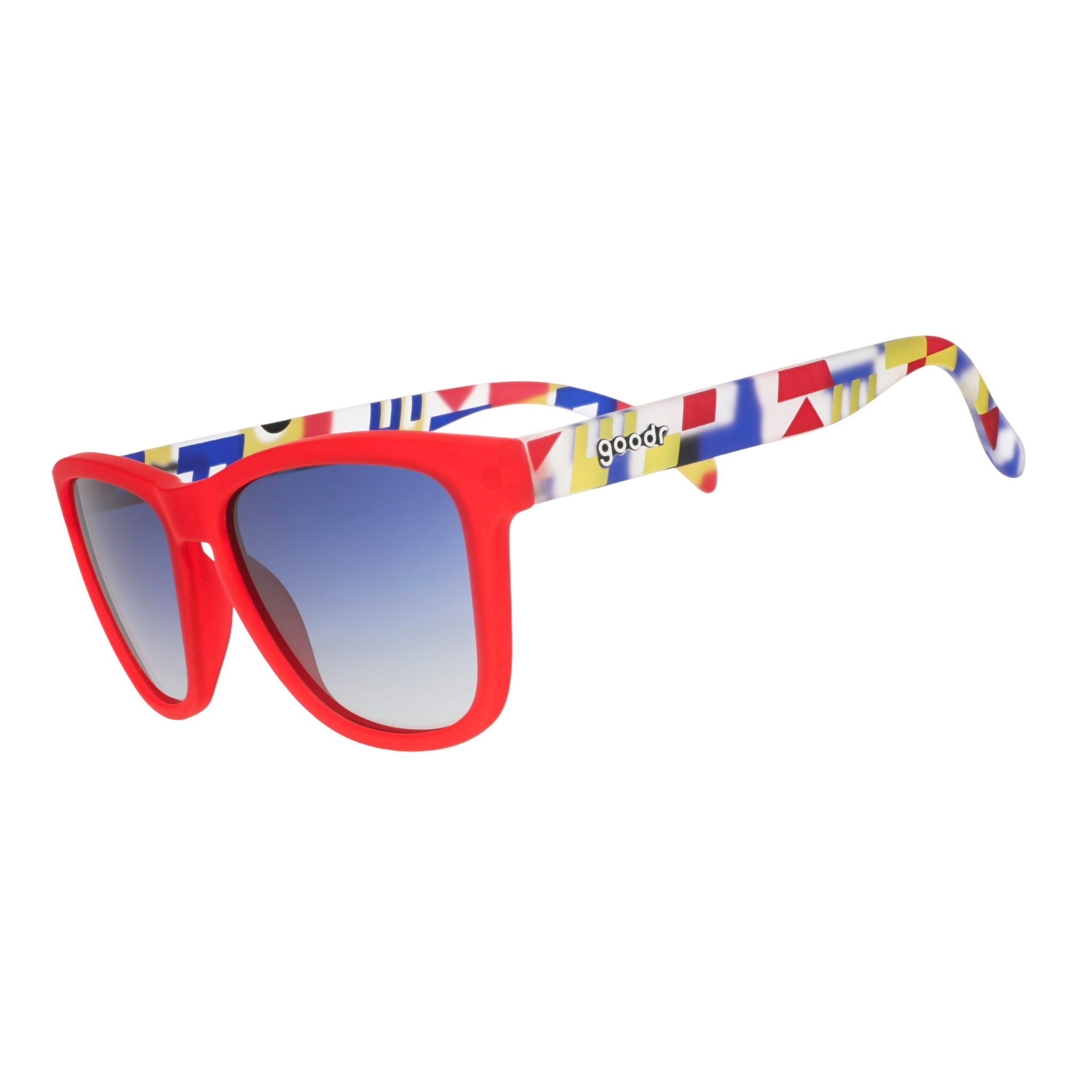 Three-quarter angle view of red sunglasses with multi-colored arms depicting maritime signal flags, and blue gradient lenses.