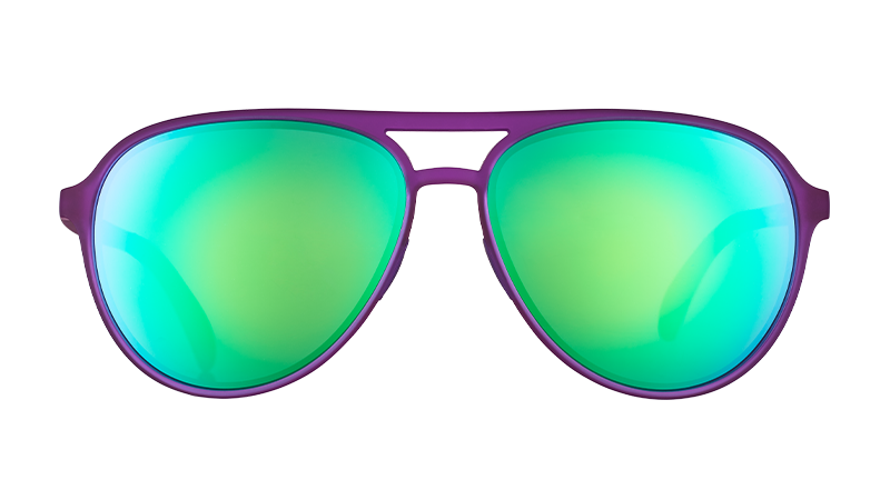 Front view of purple aviator sunglasses with large green reflective lenses.