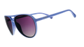 Three-quarter angle view of light blue aviator sunglasses with purple gradient lenses.
