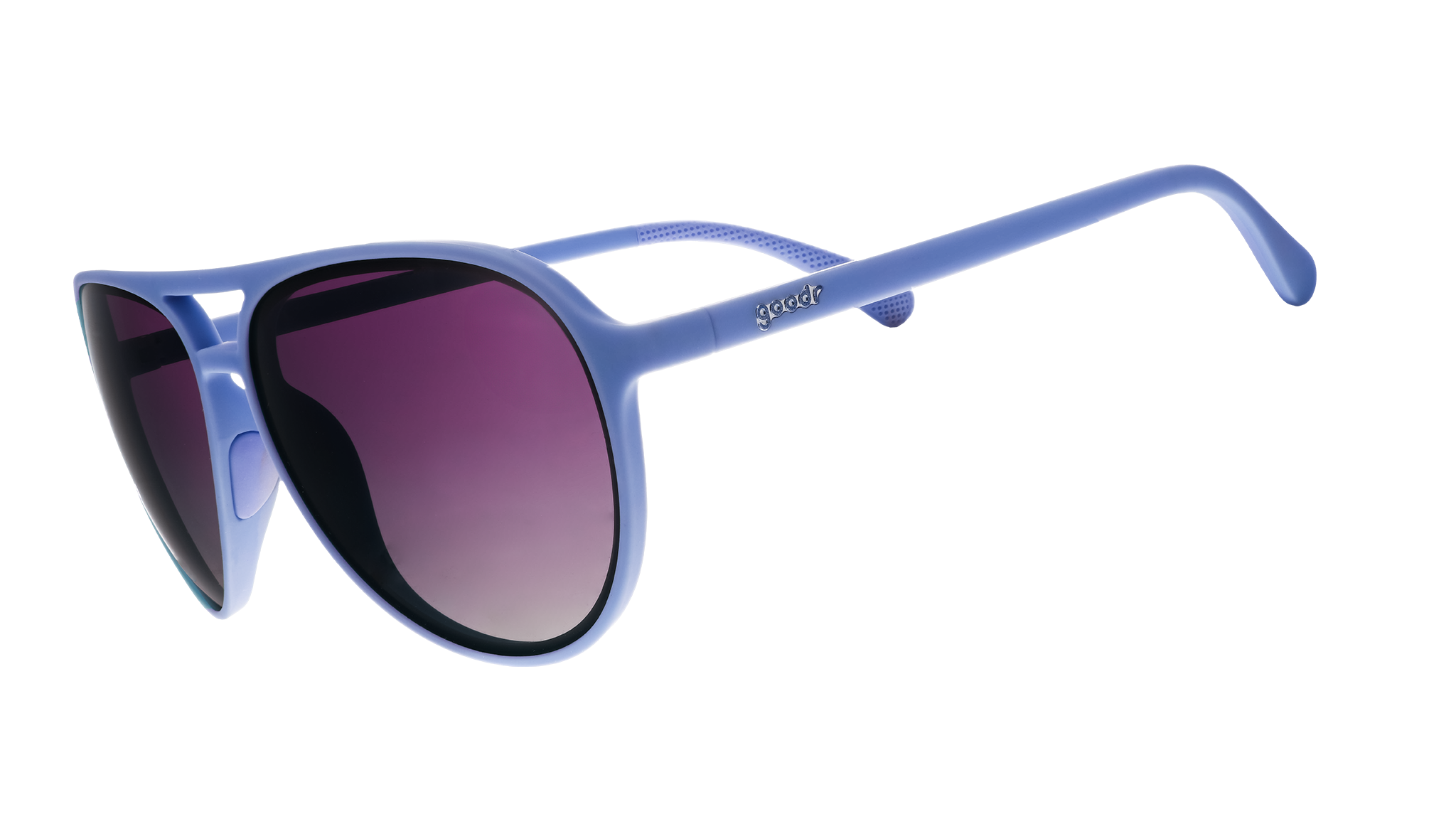 Three-quarter angle view of light blue aviator sunglasses with purple gradient lenses.